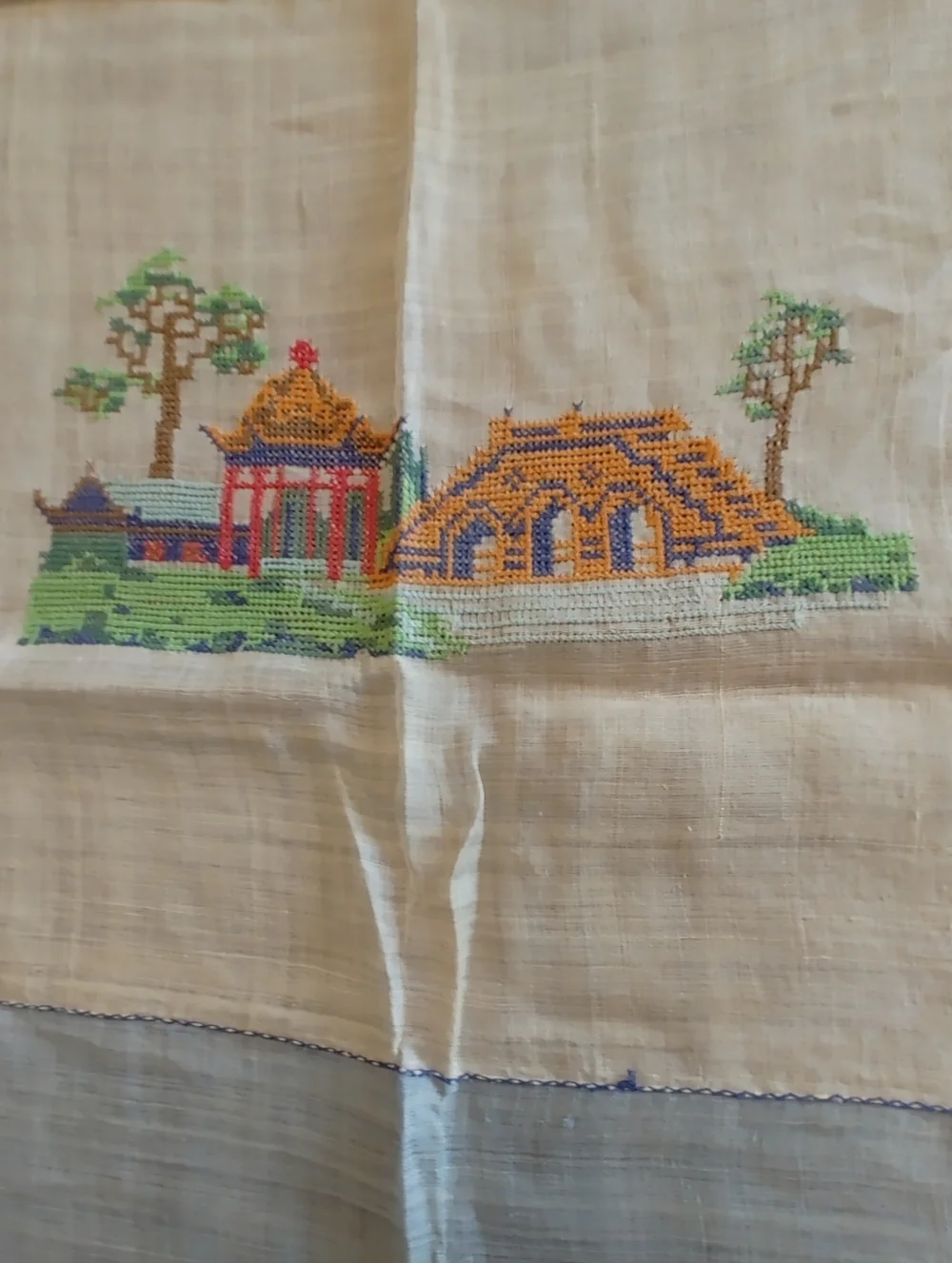 Hand-Embroidered Blue & Cream Tablecloth - Antique Linen 84